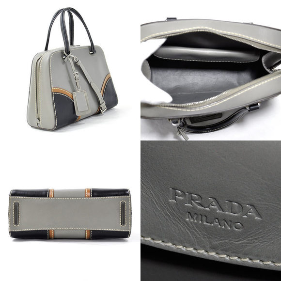 Prada Black Gray 2Way Leather Brown Handbag - Picture 1 of 3